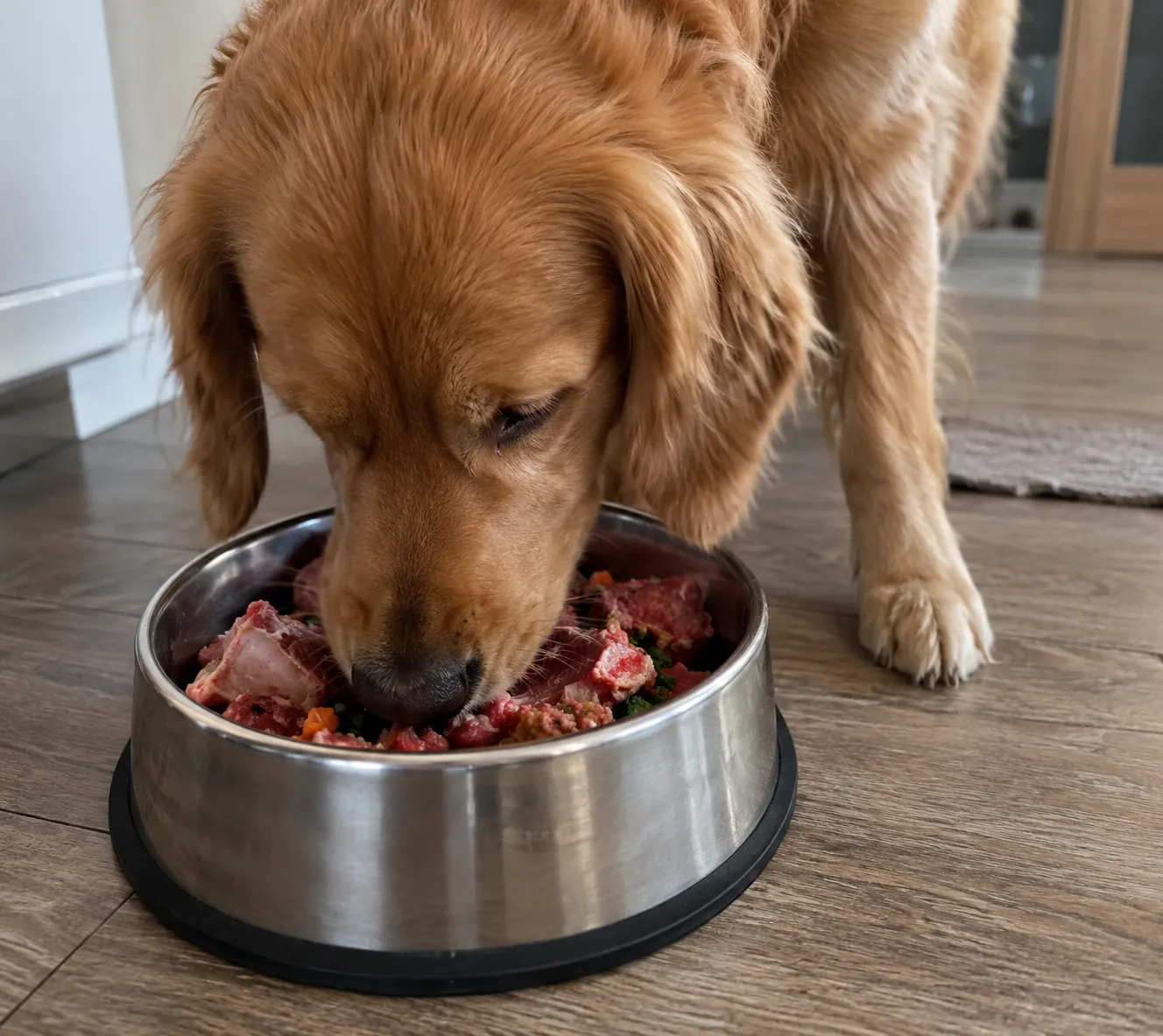 Golden Retriever frisst aus einem Edelstahlnapf mit frischem Fleisch und Gemüse